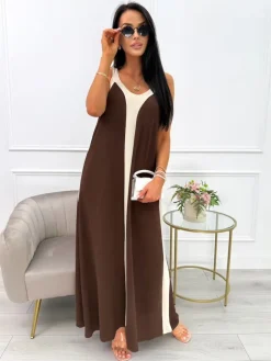 Czekoladowo-Beżowa Sukienka Maxi 13953-261-C|Modna Kiecka Sale