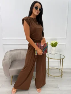 Czekoladowy Komplet Asymetryczna Bluzka + Szerokie Spodnie 13935-233-C|Modna Kiecka Fashion