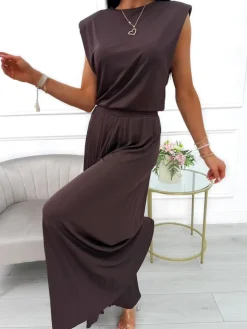 Czekoladowy Komplet Bluzka + Szerokie Spodnie 14103-428-A|Modna Kiecka Outlet
