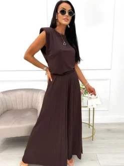 Czekoladowy Komplet Bluzka + Szerokie Spodnie 14103-428-A|Modna Kiecka Outlet