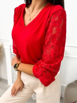 Czerwona Bluzka z Koronkowym Rękawem 11653-406-B|Modna Kiecka Outlet