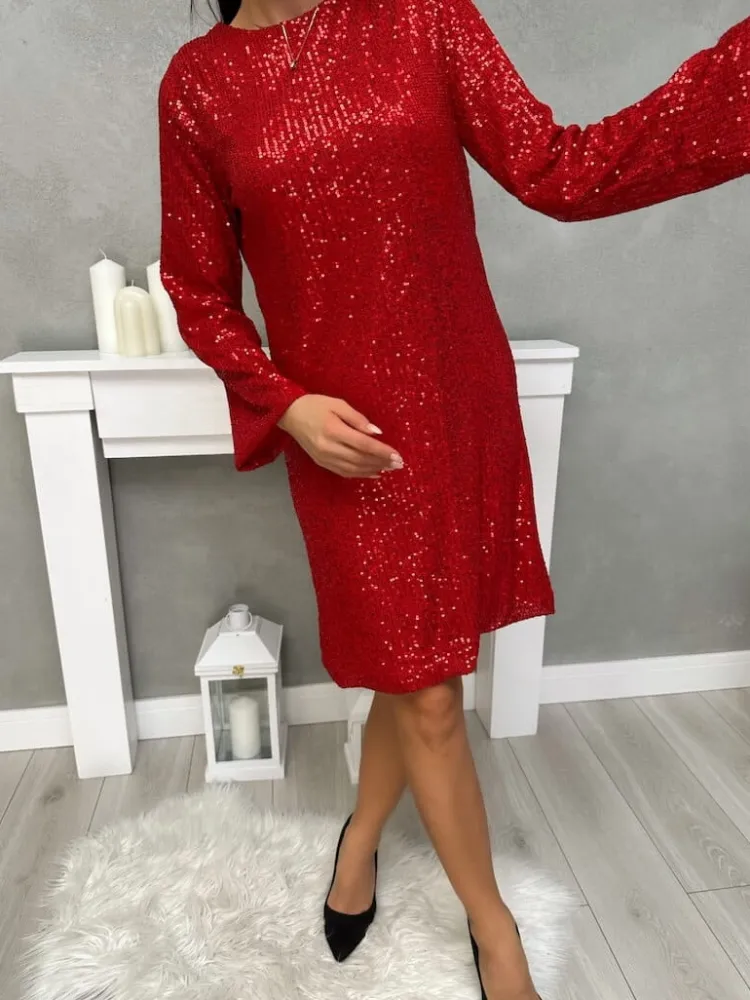 Czerwona Cekinowa Sukienka z Wiązaniem 13408-316-B|Modna Kiecka New