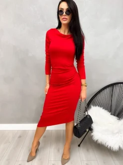 Czerwona Dopasowana Sukienka z Marszczeniami 13200-247-B|Modna Kiecka Discount