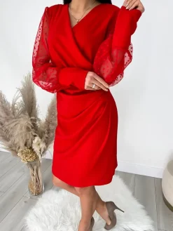 Czerwona Kopertowa Sukienka z Ozdobnym Rękawem 9244-130-B|Modna Kiecka Fashion
