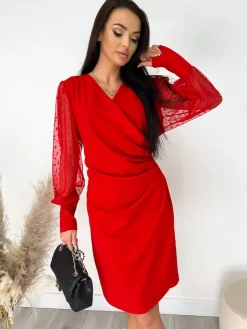 Czerwona Kopertowa Sukienka z Ozdobnym Rękawem 9244-130-B|Modna Kiecka Fashion