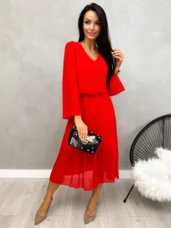 Czerwona Plisowana Sukienka Midi 13192-401-E|Modna Kiecka Online
