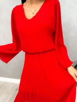 Czerwona Plisowana Sukienka Midi 13192-401-E|Modna Kiecka Online