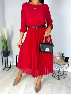 Czerwona Plisowana Sukienka z Paskiem 11651-57-D|Modna Kiecka Hot