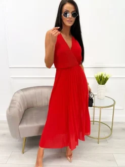Czerwona Plisowana Sukienka z Kopertowym Dekoltem  13869-500-C|Modna Kiecka Outlet