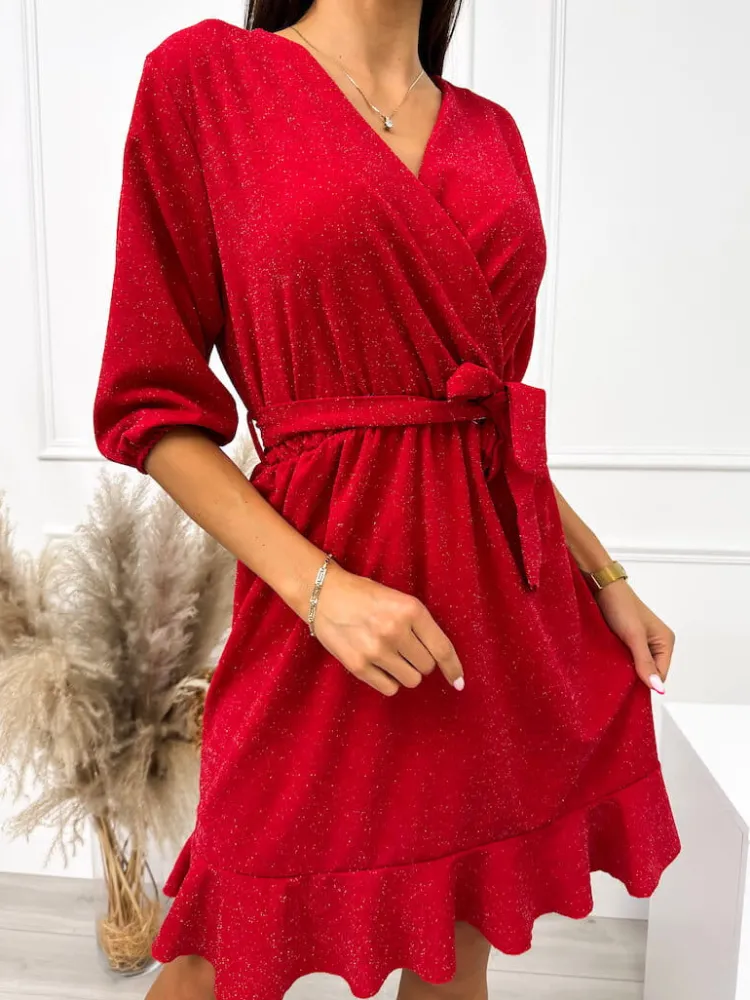 Czerwona Połyskująca Sukienka z Paskiem 9218-314-F|Modna Kiecka Discount