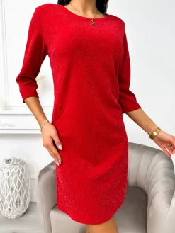 Czerwona Połyskująca Sukienka 11203-356-C|Modna Kiecka Outlet