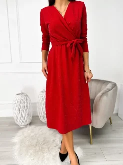 Czerwona Połyskująca Sukienka 11180-210-D|Modna Kiecka Fashion