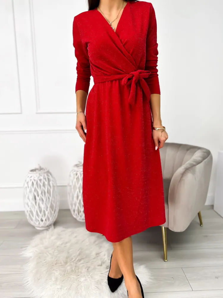 Czerwona Połyskująca Sukienka 11180-210-D|Modna Kiecka Fashion