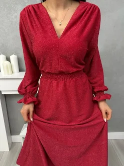 Czerwona Połyskująca Sukienka Midi 13413-511-C|Modna Kiecka Hot