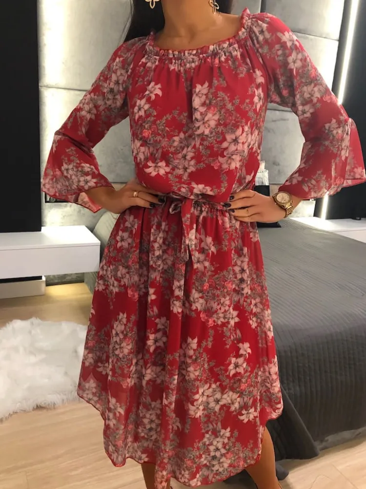 Czerwona Sukienka Hiszpanka w Kwiaty 11855-411-C|Modna Kiecka Online