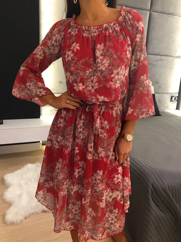 Czerwona Sukienka Hiszpanka w Kwiaty 11855-411-C|Modna Kiecka Online