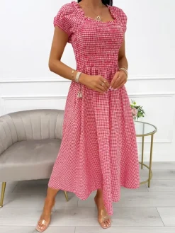 Czerwona Sukienka Hiszpanka w Kratkę 14102-502-B|Modna Kiecka Outlet