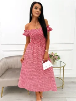 Czerwona Sukienka Hiszpanka w Kratkę 14102-502-B|Modna Kiecka Outlet