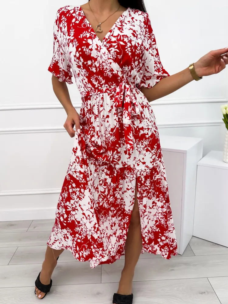 Czerwona Sukienka Maxi w Biały Wzór 12357-325-B|Modna Kiecka Best