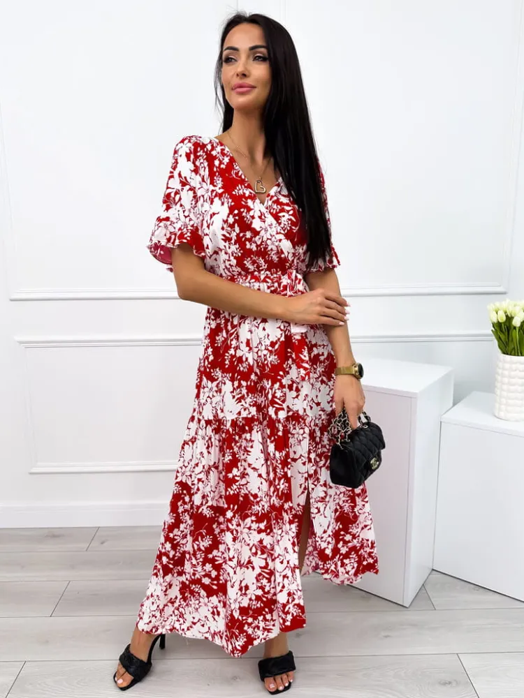 Czerwona Sukienka Maxi w Biały Wzór 12357-325-B|Modna Kiecka Best