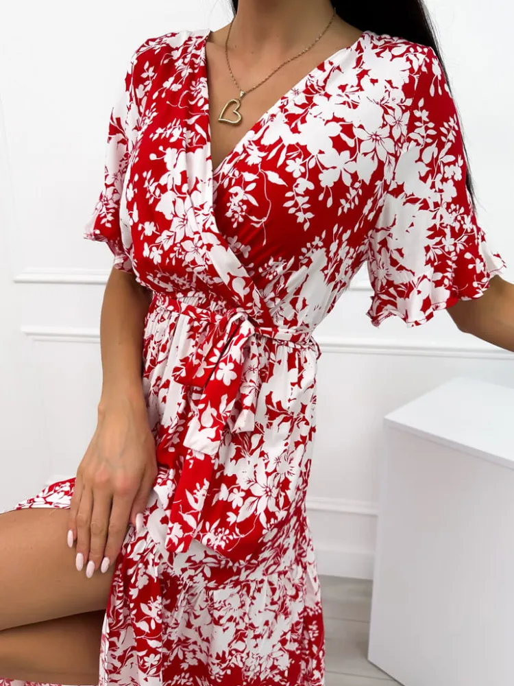 Czerwona Sukienka Maxi w Biały Wzór 12357-325-B|Modna Kiecka Best