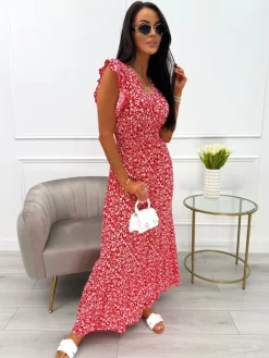 Czerwona Sukienka Maxi w Drobne Kwiatki 13930-55-C|Modna Kiecka Online