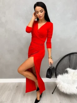 Czerwona Sukienka Maxi z Rozporkiem 13199-146-C|Modna Kiecka Fashion
