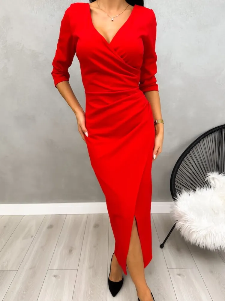 Czerwona Sukienka Maxi z Rozporkiem 13189-527-C|Modna Kiecka Outlet