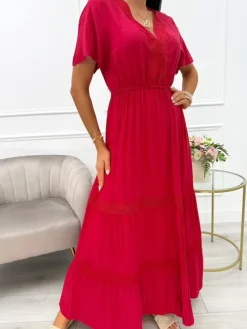Czerwona Sukienka Maxi z Ozdobnym Haftem 14021-229-C|Modna Kiecka Clearance
