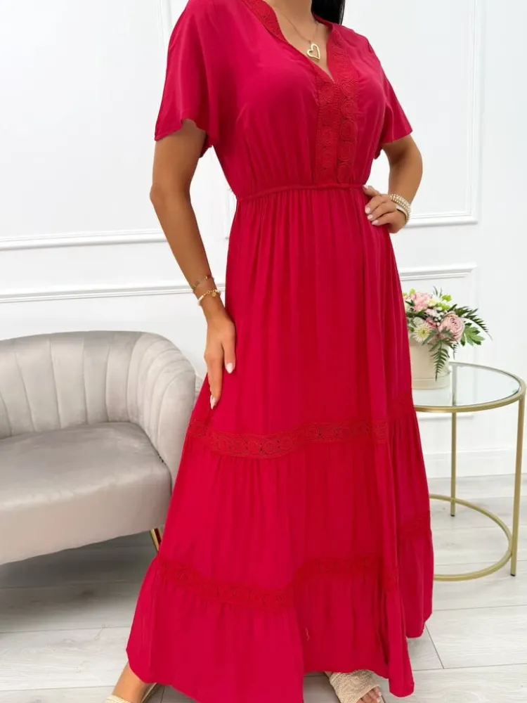 Czerwona Sukienka Maxi z Ozdobnym Haftem 14021-229-C|Modna Kiecka Clearance