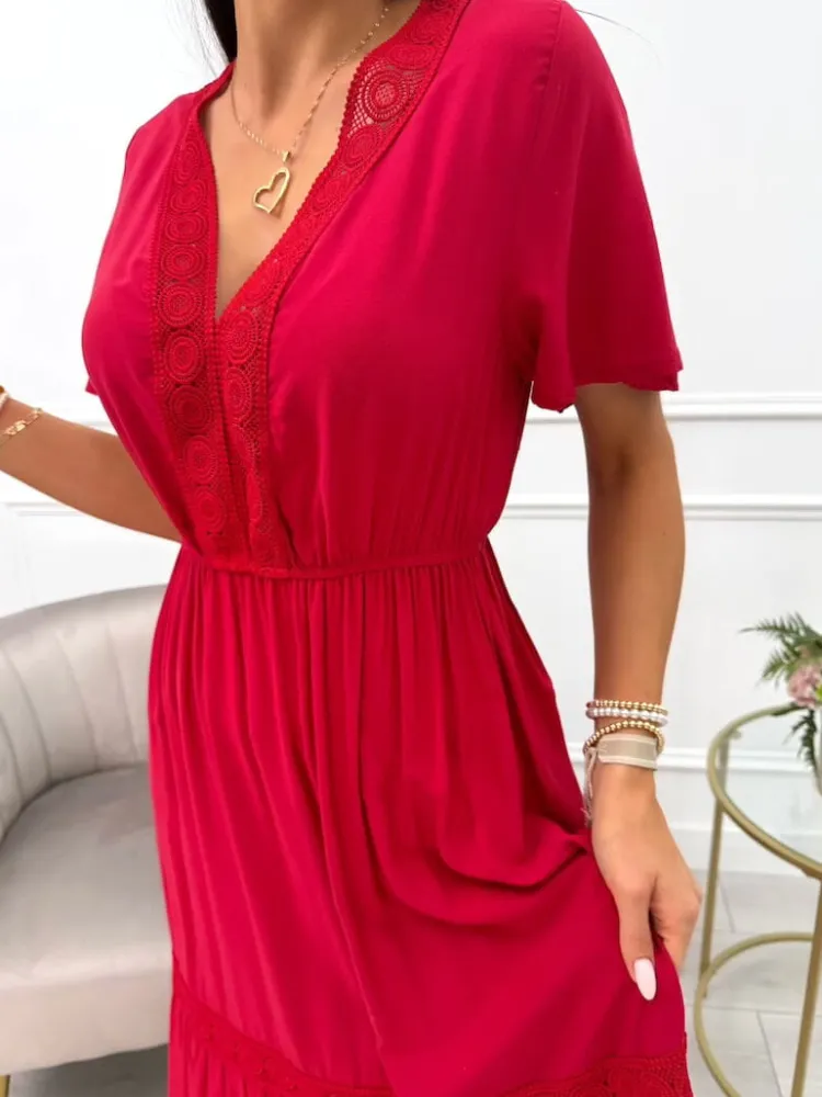 Czerwona Sukienka Maxi z Ozdobnym Haftem 14021-229-C|Modna Kiecka Clearance