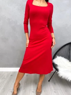 Czerwona Sukienka Midi 13201-242-B|Modna Kiecka Hot