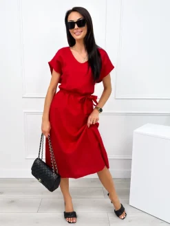 Czerwona Sukienka Midi z Paseczkiem 12496-198-C|Modna Kiecka Fashion