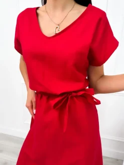 Czerwona Sukienka Midi z Paseczkiem 12496-198-C|Modna Kiecka Fashion