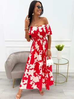 Czerwona Sukienka w Beżowy Wzór 14023-90-C|Modna Kiecka Discount