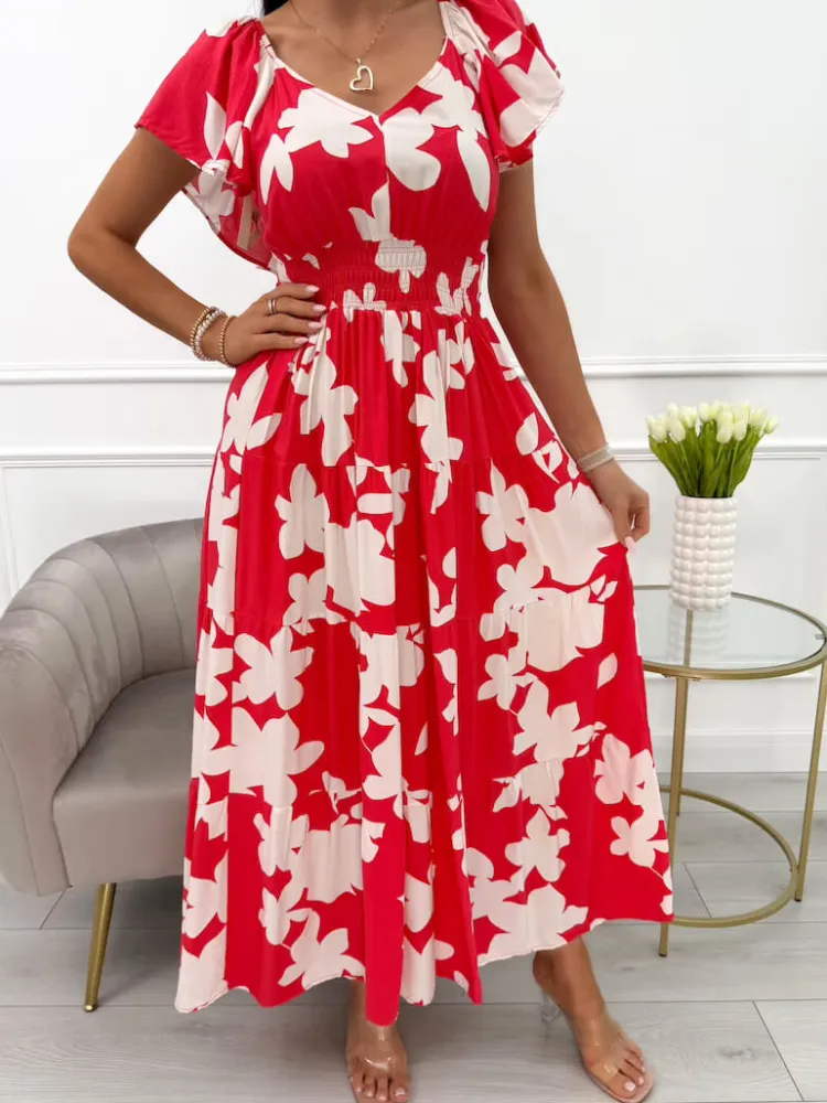 Czerwona Sukienka w Beżowy Wzór 14023-90-C|Modna Kiecka Discount