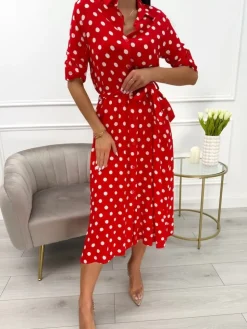 Czerwona Sukienka w Grochy z Paskiem 13850-426-A|Modna Kiecka Outlet