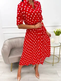 Czerwona Sukienka w Grochy z Paskiem 13850-426-A|Modna Kiecka Outlet