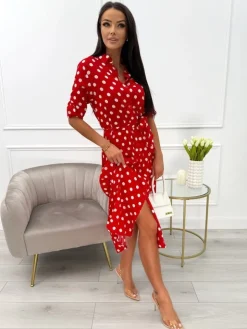 Czerwona Sukienka w Grochy z Paskiem 13850-426-A|Modna Kiecka Outlet