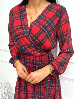 Czerwona Sukienka w Kratę z Wiązaniem 13393-329-Q|Modna Kiecka Hot