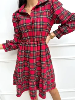 Czerwona Sukienka w Kratę z Falbanką  13391-236-Q|Modna Kiecka Best