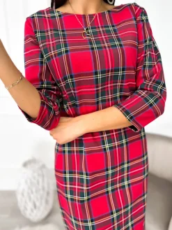 Czerwona Sukienka w Kratę 11099-244-Q|Modna Kiecka Fashion