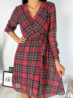 Czerwona Sukienka w Kratę  7198-411-Q|Modna Kiecka Outlet