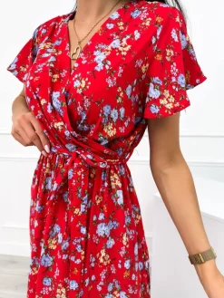 Czerwona Sukienka w Kwiatki 12362-409-B|Modna Kiecka Outlet