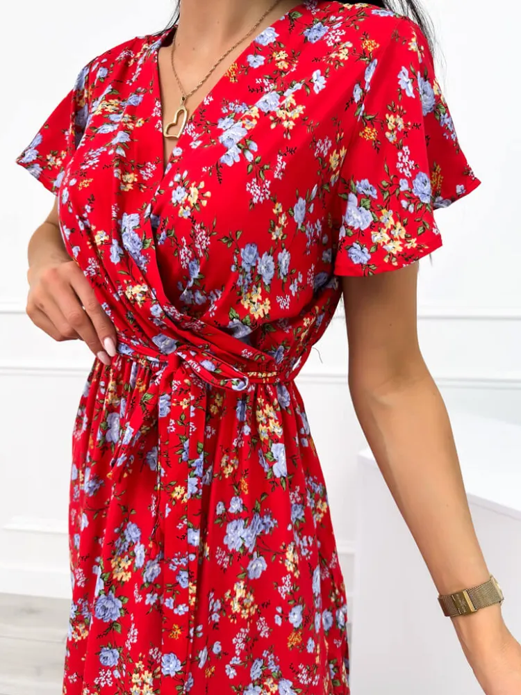 Czerwona Sukienka w Kwiatki 12362-409-B|Modna Kiecka Outlet