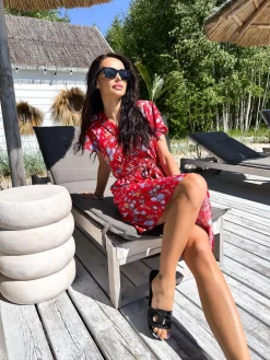 Czerwona Sukienka w Kwiatki 12362-409-B|Modna Kiecka Outlet