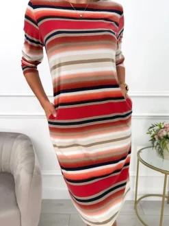 Czerwona Sukienka w Pasy z Kieszeniami 13598-206-A|Modna Kiecka Discount