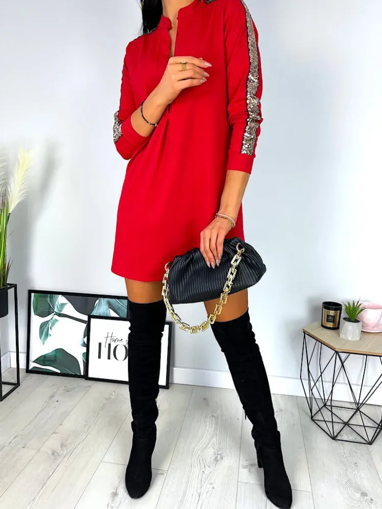 Czerwona Sukienka z Cekinowym Lampasem 6832-506-C|Modna Kiecka Best