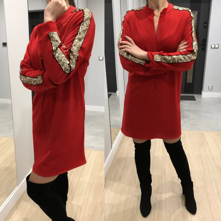 Czerwona Sukienka z Cekinowym Lampasem 6832-506-C|Modna Kiecka Best