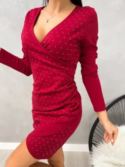 Czerwona Sukienka z Cyrkoniami i Marszczeniem 13215-514-D|Modna Kiecka Fashion